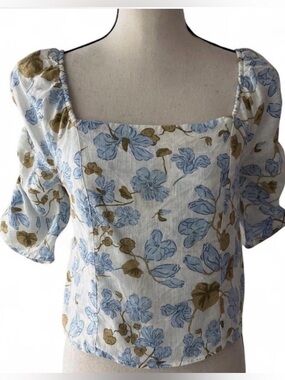 Joie Cottagecore Square Neck Smocked Linen Floral Print Blouse Size L